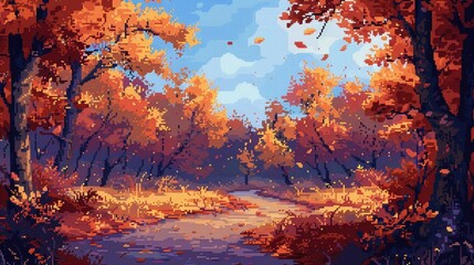 Leinwandbilder Aubergine Pixel art autumn landscape, falling leaves, warm tones  © Digital Design