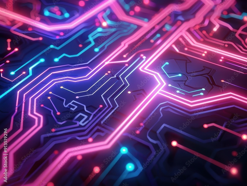 Obraz premium Vibrant circuit board design with intricate patterns and glowing neon lights showcasing technology in modern digital art.