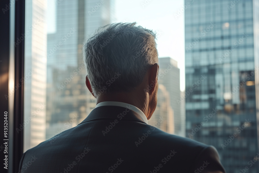 man in a suit is looking out a window at the city skyline. Concept of contemplation and reflection, as the man gazes out at the bustling city below man in a suit is looking out a window at the city skyline. Concept of contemplation and reflection, as the man gazes out at the bustling city below