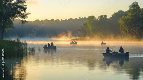 Fototapeta Naklejka Na Ścianę i Meble -  A scenic panorama of a large lake with multiple anglers fishing from boats and the shore. The early morning light illuminates the entire scene, casting a warm glow over the water and the landscape.
