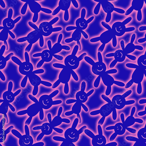 repeatable pattern of glow neon bunny doll for y2k vibe groovy seamless background
