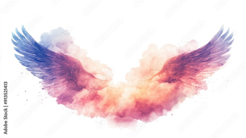 Whimsical watercolor of a cloud with delicate angel wings floating against a pure white background This heavenly light and ethereal image evokes a sense of peace tranquility Whimsical watercolor of a cloud with delicate angel wings floating against a pure white background This heavenly light and ethereal image evokes a sense of peace tranquility