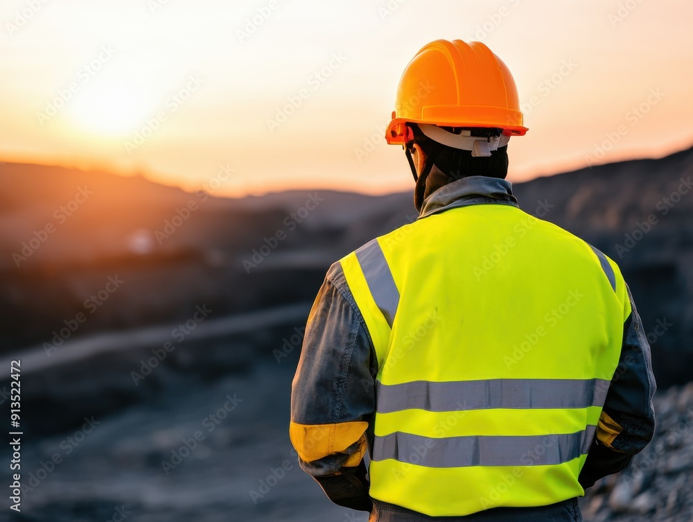 A construction worker observes the sunset while standing on a job site, showcasing safety gear and a reflective vest. A construction worker observes the sunset while standing on a job site, showcasing safety gear and a reflective vest.