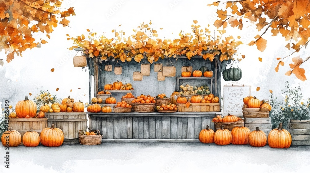 Obraz premium Cozy autumn watercolor of a rustic market stall filled with bountiful pumpkins and seasonal produce creating a warm and inviting harvest scene