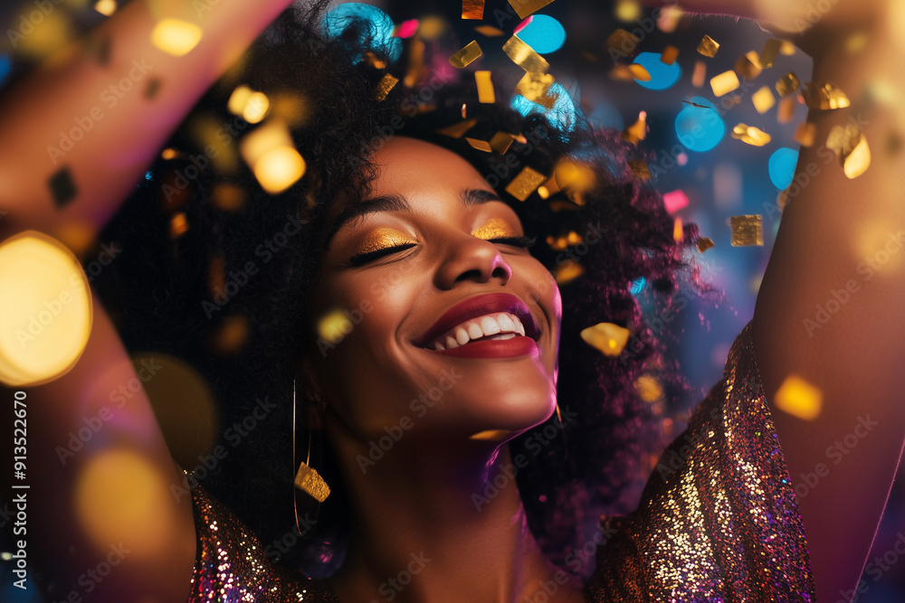 woman with curly hair is surrounded by gold confetti, smiling and looking happy. Concept of celebration and joy woman with curly hair is surrounded by gold confetti, smiling and looking happy. Concept of celebration and joy