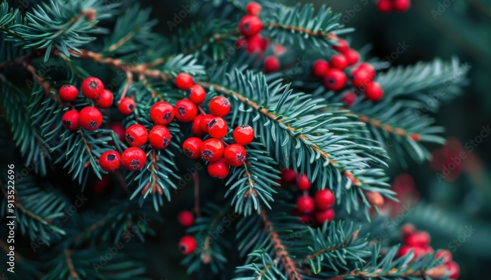 Red Berries Growing On Evergreen Branches During Winter Season In A Forest Environment Red Berries Growing On Evergreen Branches During Winter Season In A Forest Environment