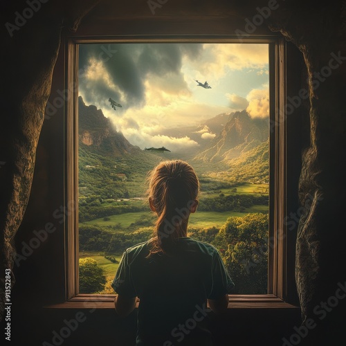 A photo of a young person gazing out a window at a breathtaking landscape, their eyes filled with wonder and curiosity, reflecting the limitless possibilities that lie ahead for them.
