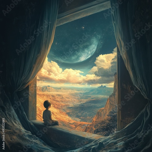 A photo of a young person gazing out a window at a breathtaking landscape, their eyes filled with wonder and curiosity, reflecting the limitless possibilities that lie ahead for them.