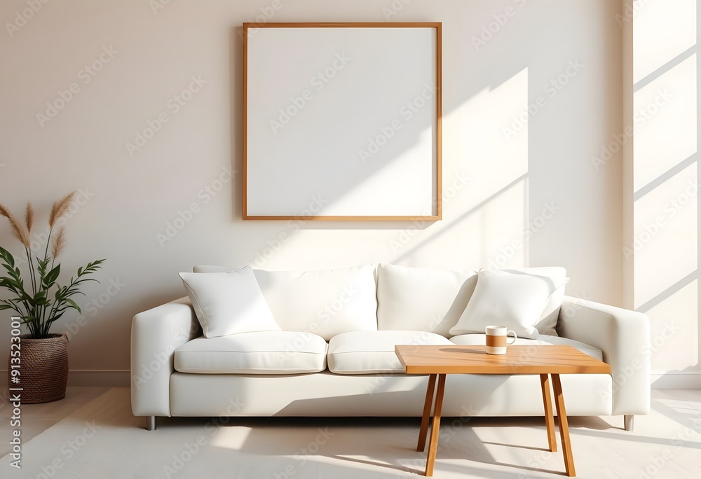 A minimalist living room with a wooden frame on the wall, a white sofa, and a wooden side table A minimalist living room with a wooden frame on the wall, a white sofa, and a wooden side table