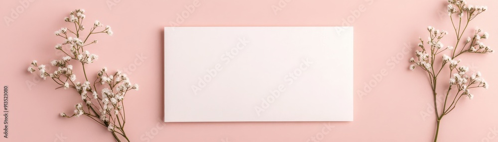 A blank card surrounded by delicate dried flowers on a soft pink background, perfect for invitations or greetings. A blank card surrounded by delicate dried flowers on a soft pink background, perfect for invitations or greetings.