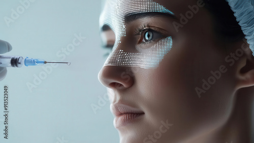 Futuristic botox injection, digital skin rejuvenation, holographic medical assistant, modern aesthetics