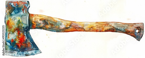 Vibrantly Colored Hand Axe Watercolor Clipart for Outdoor Activities | Detailed Isolated Object on White Background