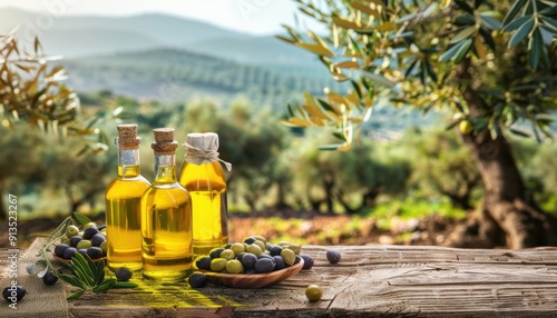 Freshly Bottled Olive Oil Surrounded by Olive Trees in a Sunlit Orchard photo