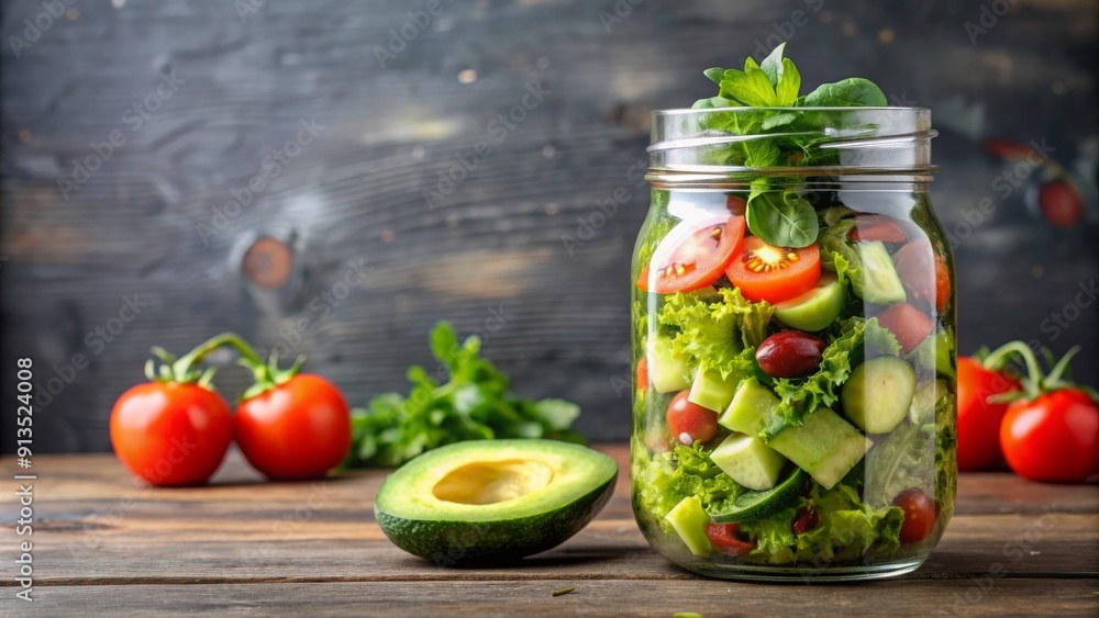 Salad in glass jar with mixed greens, tomatoes, cucumbers, and avocado, healthy, fresh, vegetarian, colorful Salad in glass jar with mixed greens, tomatoes, cucumbers, and avocado, healthy, fresh, vegetarian, colorful