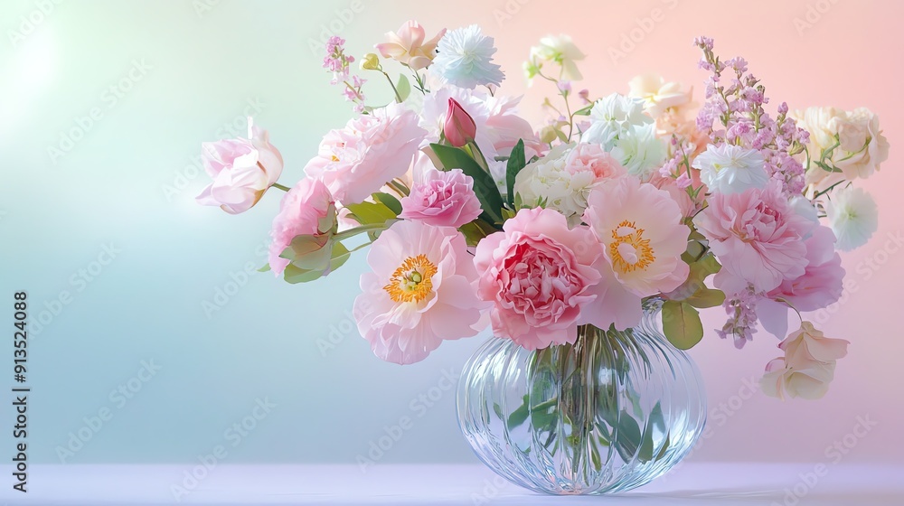 Obraz premium Delicate glass vase filled with pastelcolored floral arrangements, showcasing soft hues and elegant blooms, set against a serene backdrop