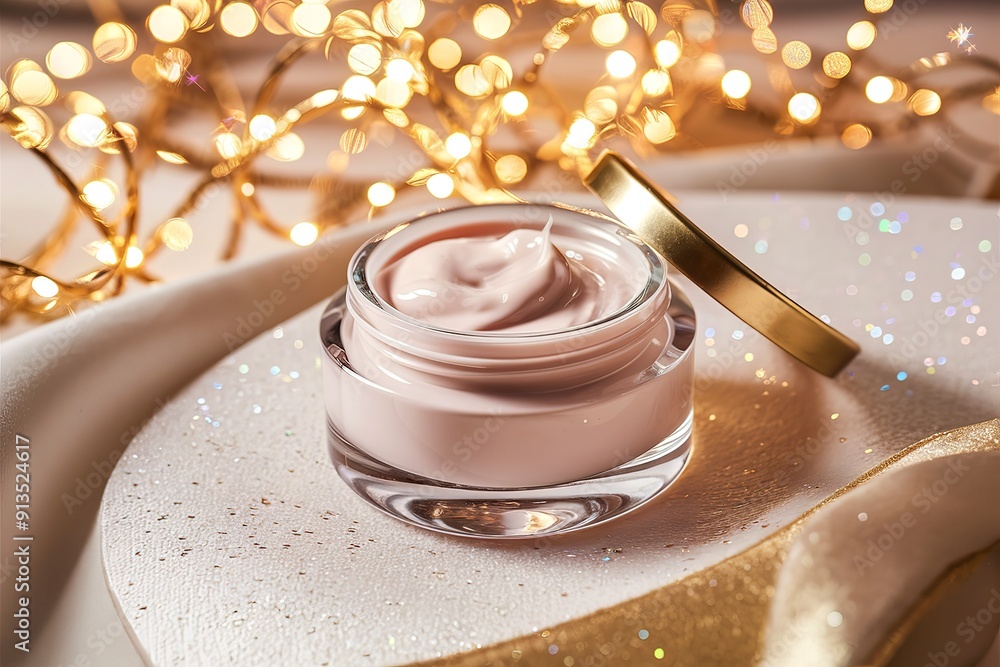 A luxurious and festive scene featuring a clear glass container filled with a luscious, light pink cream A luxurious and festive scene featuring a clear glass container filled with a luscious, light pink cream