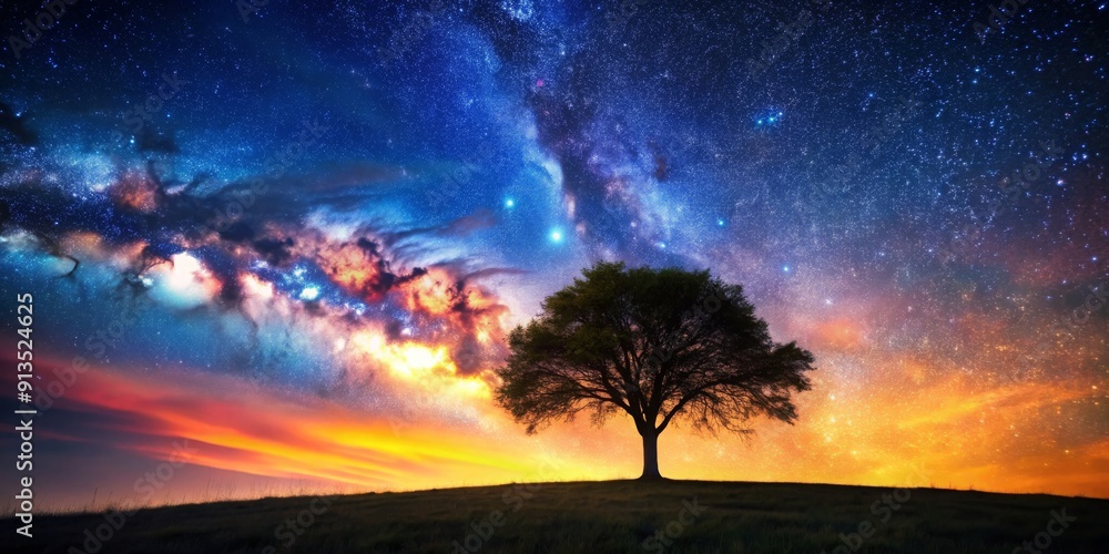 Fototapeta premium A mesmerizing starry night landscape with a lone tree silhouette against a colorful sky , stars, night sky, landscape