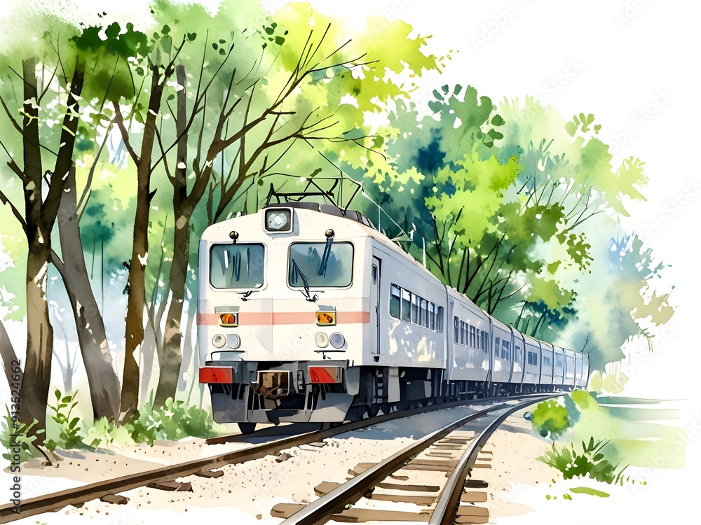 Naklejka premium Train Watercolor Landscape Nature Art