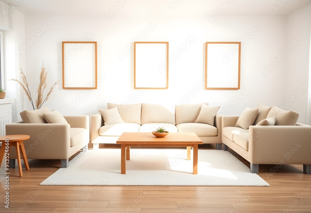 A minimalist living room with a wooden frame on the wall, a white sofa, and a wooden side table A minimalist living room with a wooden frame on the wall, a white sofa, and a wooden side table