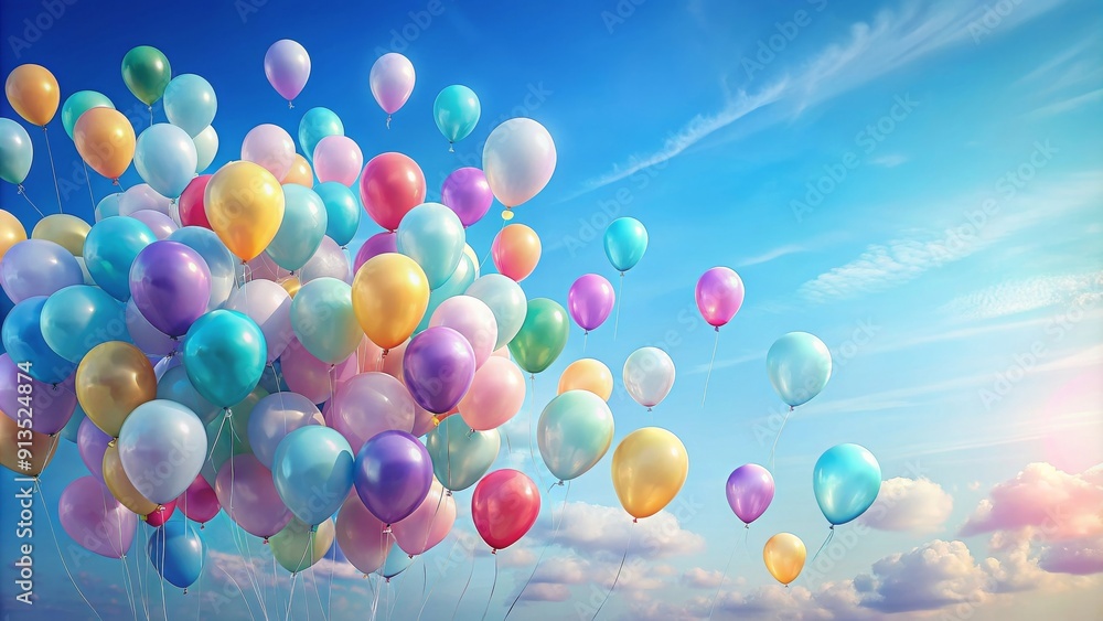 Whimsical background with pastel balloons floating in a clear blue sky perfect for birthday party, pastel Whimsical background with pastel balloons floating in a clear blue sky perfect for birthday party, pastel