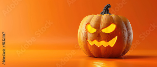 Happy Halloween Jack O Lantern Pumpkin with a spooky face on orange background. Holiday event halloween theme banner background concept for Ads, banner, website, social media photo