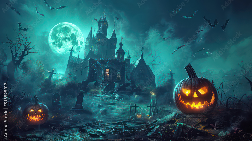 Halloween Pumpkin and dark castle with graveyard and bat. Full Moon spooky night mysterious forest darkness scene background. Holiday event halloween banner background concept Halloween Pumpkin and dark castle with graveyard and bat. Full Moon spooky night mysterious forest darkness scene background. Holiday event halloween banner background concept