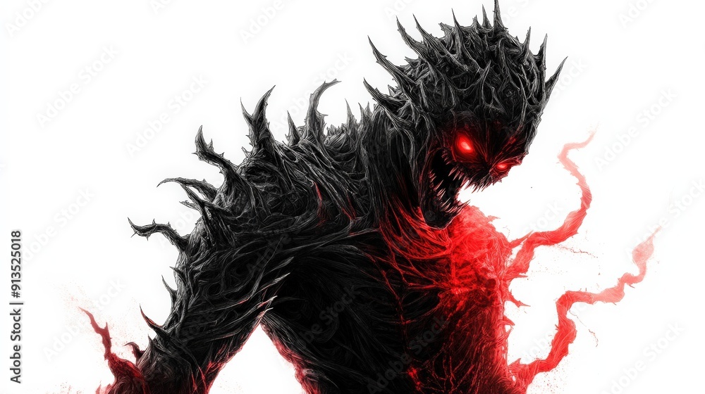 A dark, sinister figure with fiery red eyes and twisted branches, embodying pure evil and darkness in a haunting art style. A dark, sinister figure with fiery red eyes and twisted branches, embodying pure evil and darkness in a haunting art style.