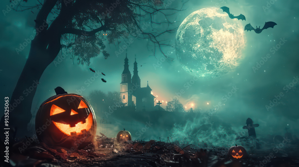 Naklejka premium Halloween Pumpkin and dark castle with graveyard and bat. Full Moon spooky night mysterious forest darkness scene background. Holiday event halloween banner background concept