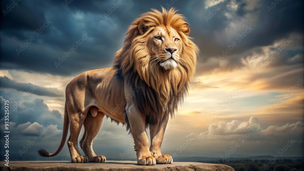 Obraz premium Realistic statue of a majestic lion standing tall and proud, statue, lion, realistic, majestic, standing, tall, proud, sculpture