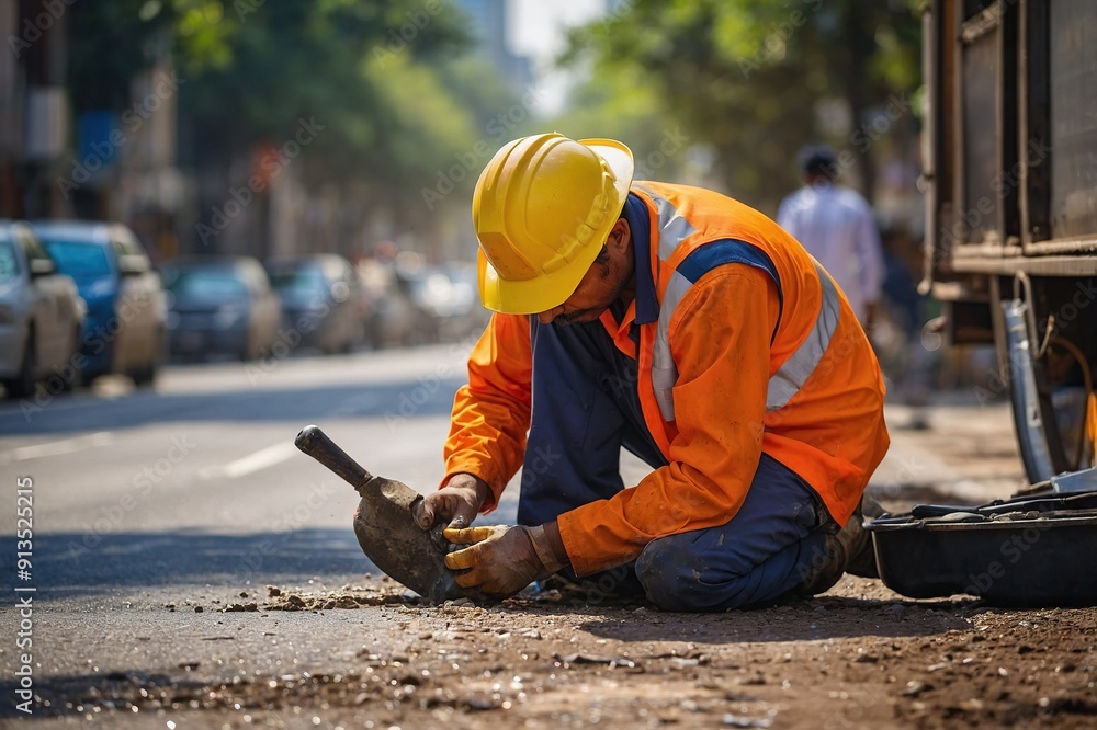 close up of road worker suffering from summer heat in city during hard working day close up of road worker suffering from summer heat in city during hard working day