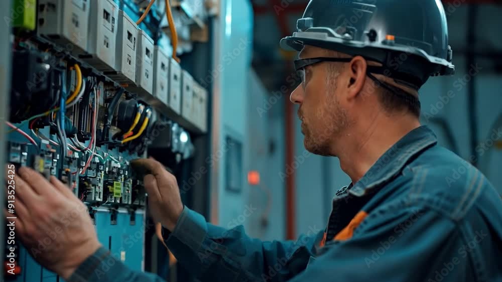 An electrician male shutting off the electrical outlet's power at the circuit breaker box