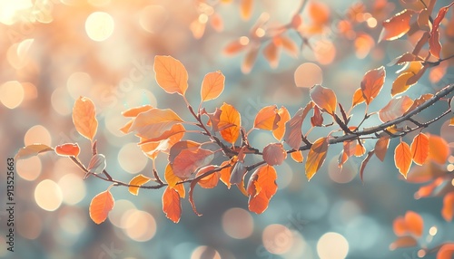 Autumn leaves on a tree branch, closeup, soft focus, warm light, colorful and serene fall scene