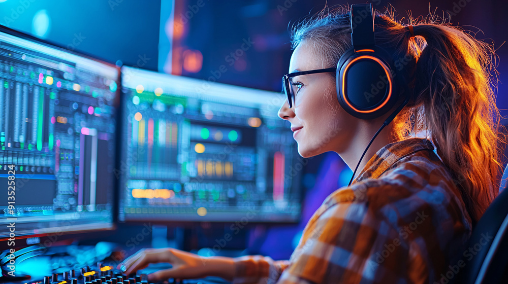 A woman wearing headphones and glasses is working on a computer. She is smiling and she is enjoying her work. A woman wearing headphones and glasses is working on a computer. She is smiling and she is enjoying her work.