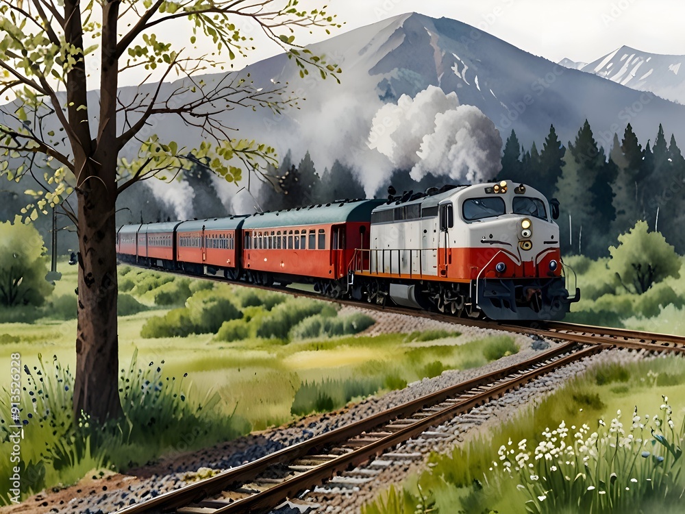 Train Watercolor Landscape Nature Art Train Watercolor Landscape Nature Art