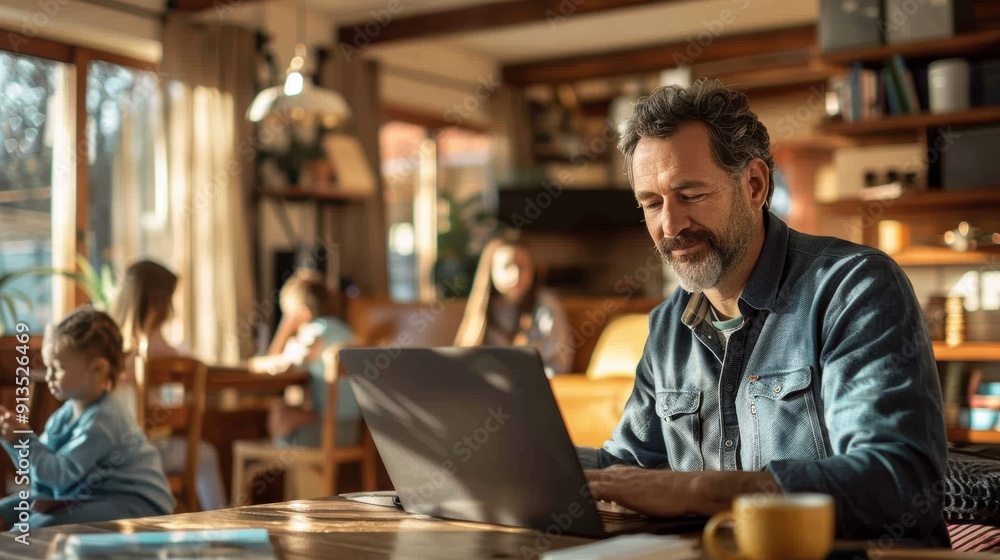 A father working on a laptop in a cozy, busy home environment with children playing and engaging in activities around him, illustrating the balance of work and family life. A father working on a laptop in a cozy, busy home environment with children playing and engaging in activities around him, illustrating the balance of work and family life.