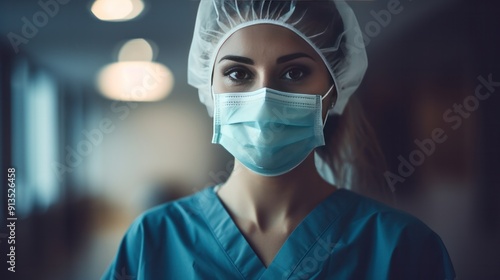 Photograph of a female doctor wearing a face mask, hat, and protective glasses looking confidently