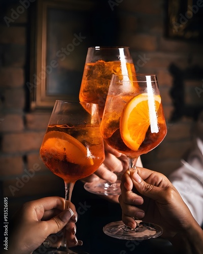 Friends toasting with Aperol Spritz cocktails.