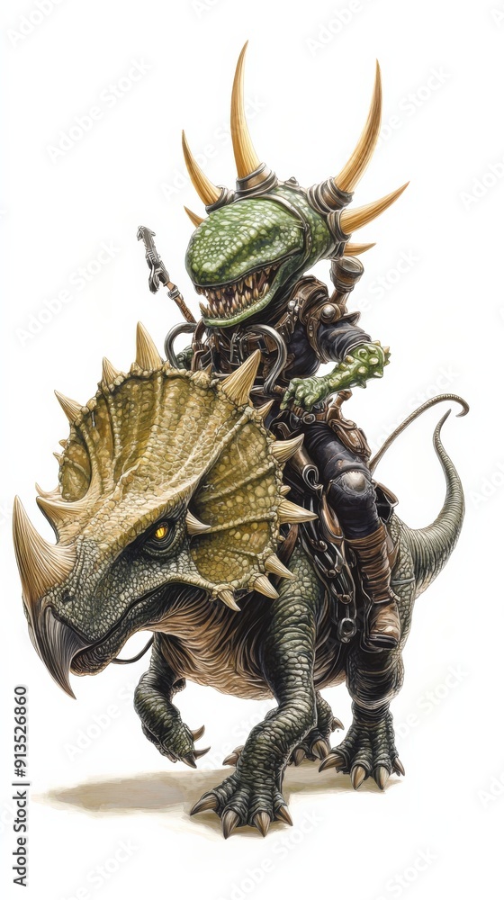 A whimsical character riding a dinosaur, showcasing vivid fantasy elements and adventure themes in medieval settings. A whimsical character riding a dinosaur, showcasing vivid fantasy elements and adventure themes in medieval settings.