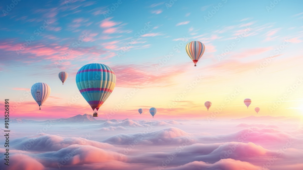 Fototapeta premium Photograph of a hot air balloon festival against a backdrop of a pastel-colored sunrise,