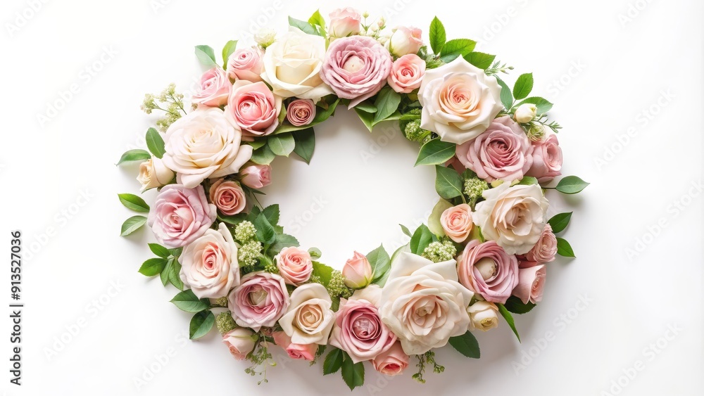 A Delicate Floral Wreath of Blush and Cream Roses, White Background, Flat Lay, Floral Design, Flowers, Roses, Wreath A Delicate Floral Wreath of Blush and Cream Roses, White Background, Flat Lay, Floral Design, Flowers, Roses, Wreath