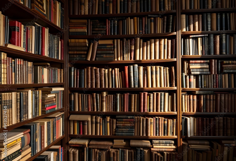 A large bookshelf filled with old, leather-bound books in a dimly lit library or study A large bookshelf filled with old, leather-bound books in a dimly lit library or study