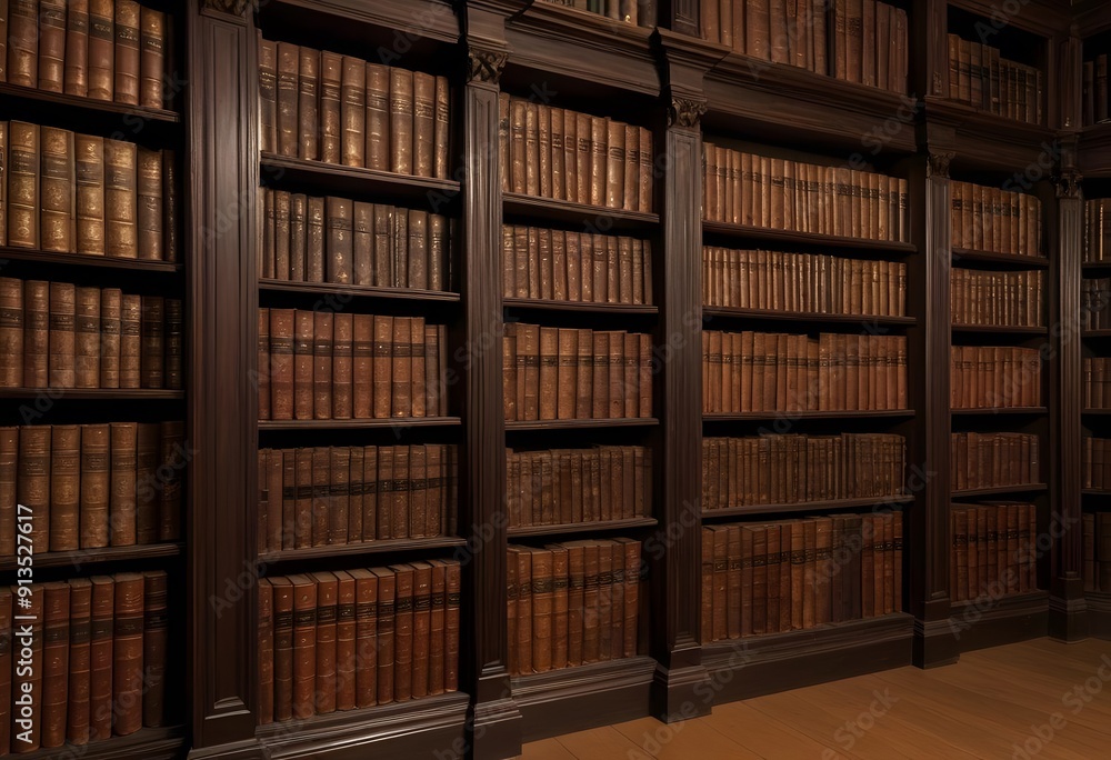A large bookshelf filled with old, leather-bound books in a dimly lit library or study A large bookshelf filled with old, leather-bound books in a dimly lit library or study