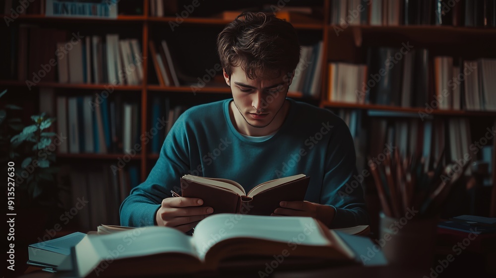 A young man immersed in literature in a quiet library A young man immersed in literature in a quiet library