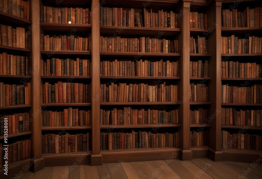 A large bookshelf filled with old, leather-bound books in a dimly lit library or study A large bookshelf filled with old, leather-bound books in a dimly lit library or study