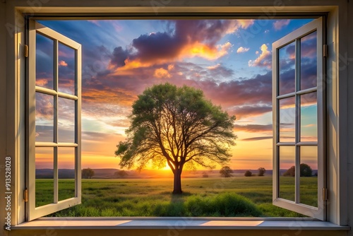 Sunset view from an opened window.