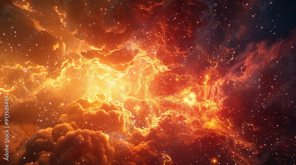 Naklejka premium Stunning Cosmic Explosion with Fiery Clouds and Stars in Deep Space