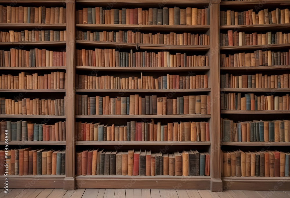 A large bookshelf filled with old, leather-bound books in a dimly lit library or study A large bookshelf filled with old, leather-bound books in a dimly lit library or study