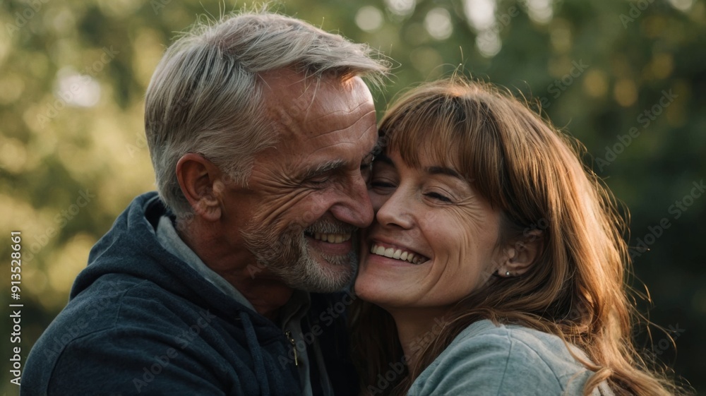 Smiley man and woman hugging Smiley man and woman hugging