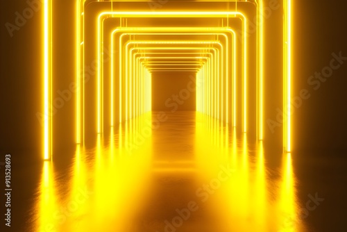 Yellow neon lights tunnel glowing in dark corridor space background for modern, futuristic design