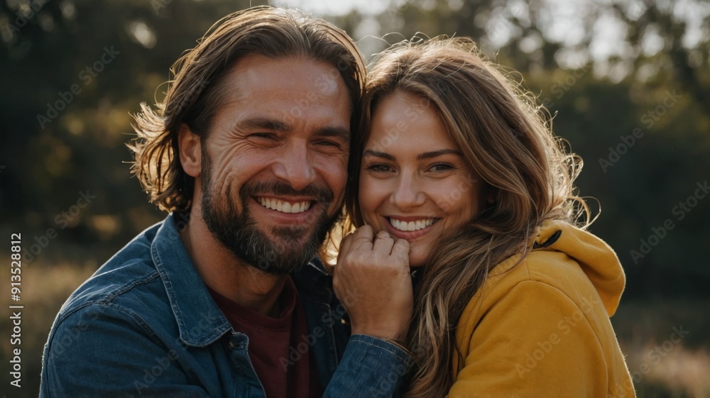 Fototapeta premium Smiley man and woman hugging